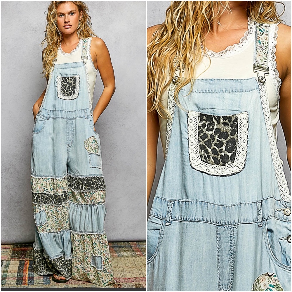 POL Floral Leopard Print Light Wash Wide Leg bib Overalls - Picture 2 of 4